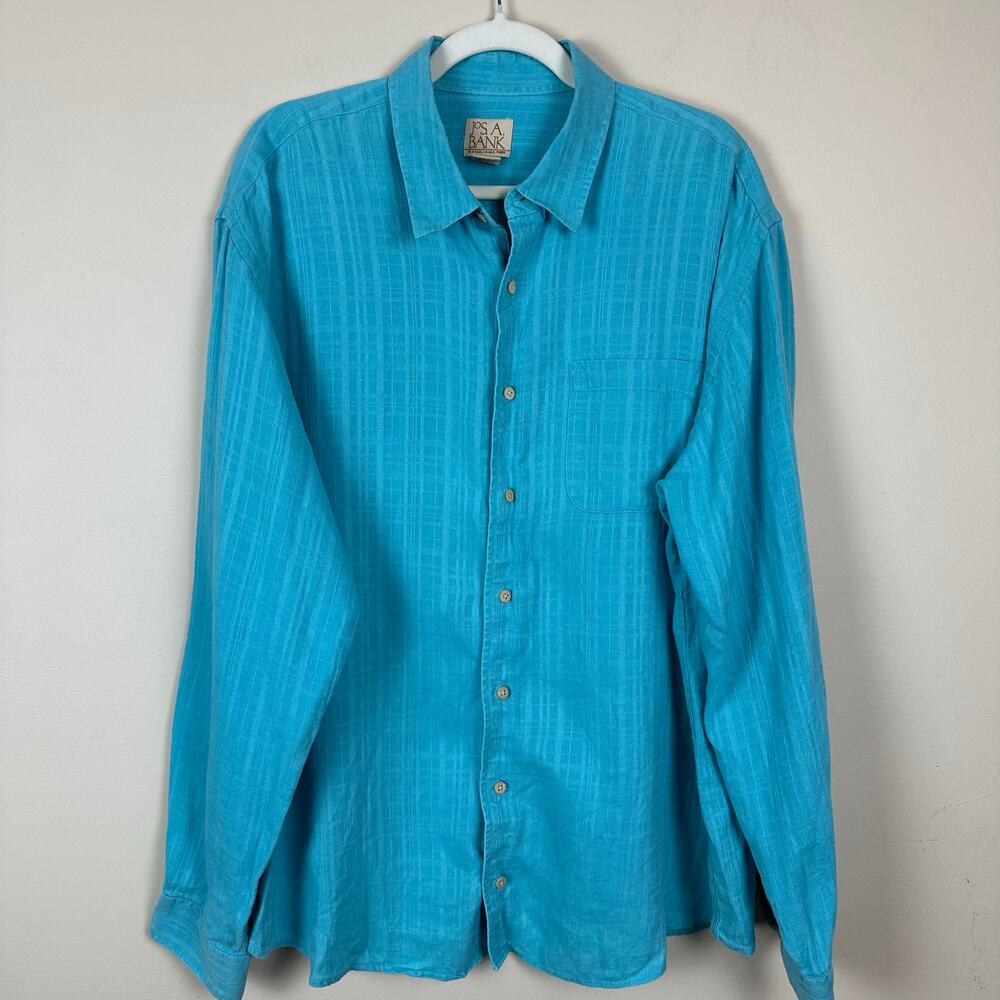 Jos A Bank Linen Shirt Men XL Blue Teal Button Up Resort Coastal Preppy Travel